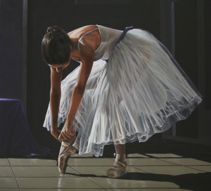 Atando sus zapatillas. Óleo. 150x150